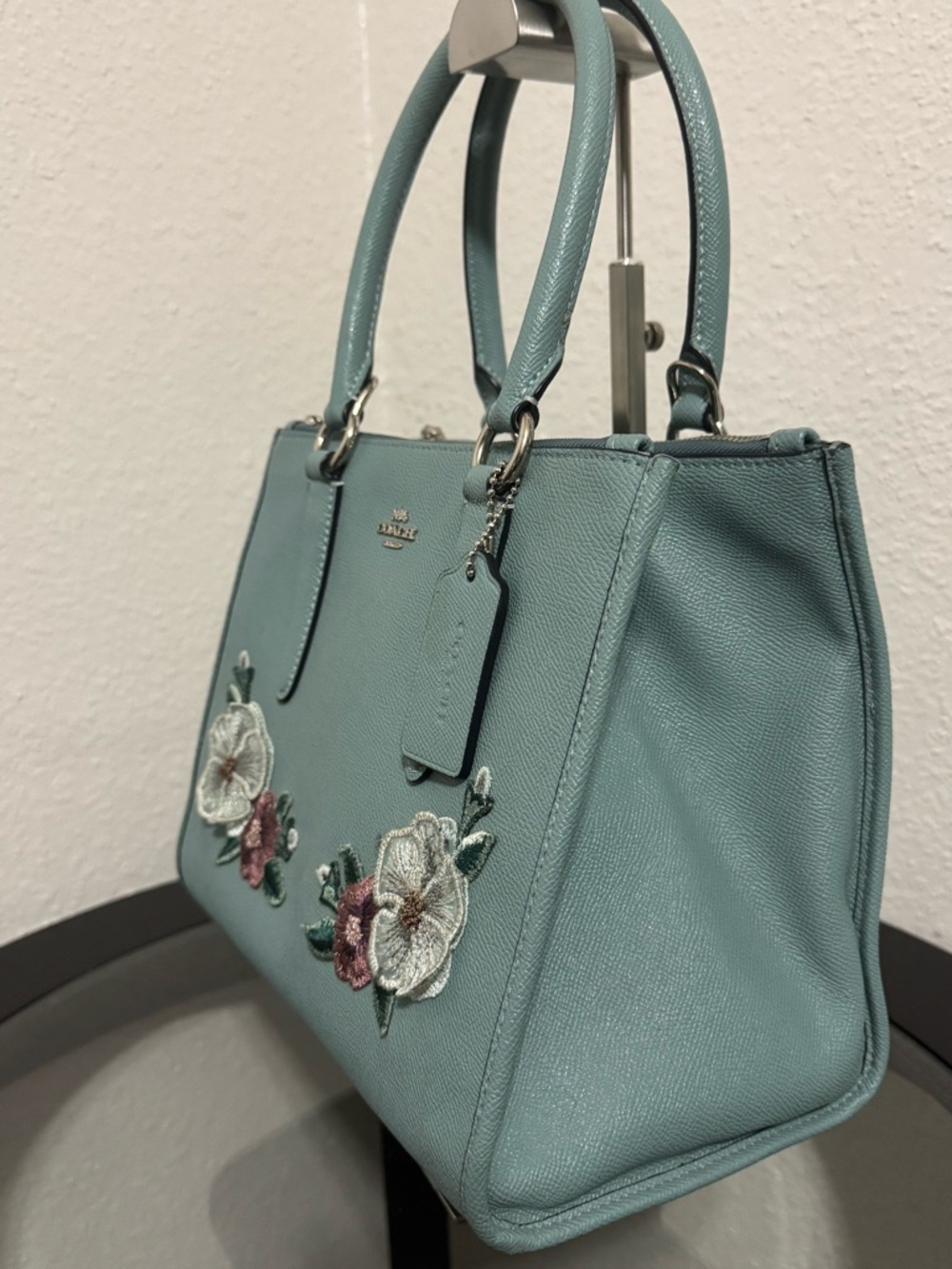 COACH Light Blue  Floral Applique Leather Satchel with Top Handles - Picture 16 of 16